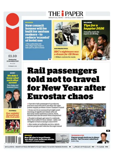The headline on the front page of the i Paper reads: "Rail passengers told not to travel for New Year after Eurostar chaos."