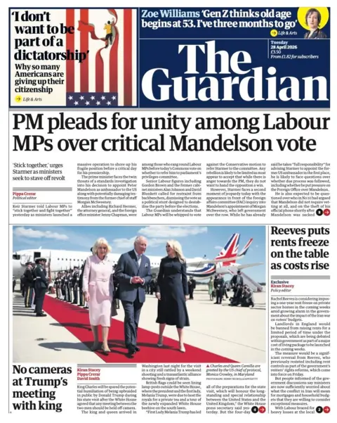 The headline on the front page of the Guardian reads: "PM pleads for unity among Labour MPs over critical Mandelson vote."