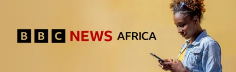 To the right of the banner a woman with sunglasses on her head and wearing a denim jacket and yellow T-shirt looks down at her mobile phone. A graphic for BBC News Africa in black and red is on the left of the image.