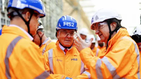 Getty Images Rail Minister Lord Peter Hendy speaks to HS2 high-speed railway project workers on 9 May 2025 in Birmingham, England.