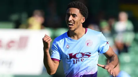 Kain Adom celebrates scoring a late winner for Gateshead at Yeovil in August