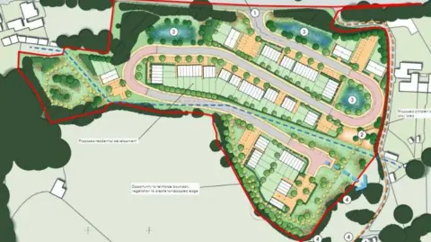 CSA Environmental A computer generated plan for the new homes - it shows drawings of homes and a has a diagram of where boundaries and homes will be built.