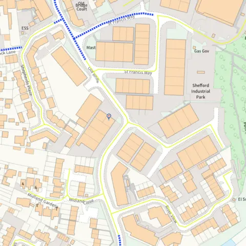 Central Bedfordshire Council An overhead map of Old Bridge Way which includes a blue intermittent line showing the section managed by Central Bedfordshire Council