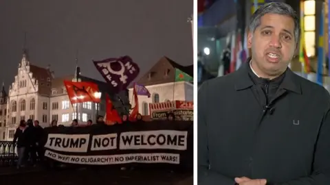 Spilt screen of a man in a black coat and protesters with a sign saying 'Trump not wlecome'