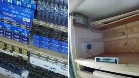 A composite image shows packets of cigarettes and a shelving unit.