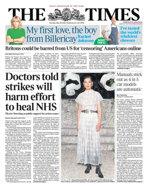 "Doctors told strikes will harm effort to heal NHS" reads the headline on the front page of The Times.