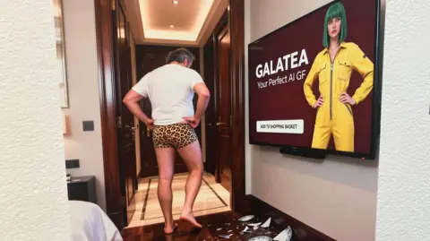 A picture of an AI picture hanging on a wall - it shows a man with his back to camera in leopard print boxers and a white t-shirt. There is a woman with green hair and a yellow jumpsuit on the TV.