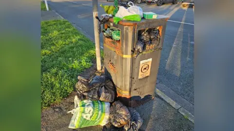 Richard Evans A public litter bin on a residential street during daylight. The bin is dark grey with rust patches and has the word "Litter" printed on it in faded letters. A sticker on the front reads "Bag it & Bin it" with an image of a dog, indicating it’s also for dog waste. The bin is overflowing with rubbish: several plastic bags in green, white, and black are stuffed into the top and hanging out. More black bin bags and one green-and-white Asda shopping bag are piled on the ground around the base of the bin. The pavement is wet, and the bin stands next to a metal lamppost. There is a grassy verge along the pavement. The lighting suggests early morning or late afternoon, with long shadows cast across the road.