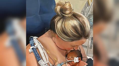 Painting of a woman with her son on her chest in hospital