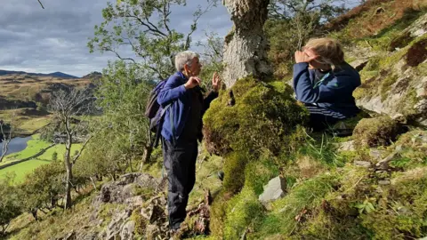Two women on the side of a fell look for lichen on a tree. One, with long hair tied back, is crouching down with her hand protecting her eyes from the sun light. The other woman, with short grey hair is standing at the other side of the tree looking at the bark. They both wear blue outdoor clothing. In the distance is a tarn further down the valley with more fells in the background. The tree is covered in moss at the base. 