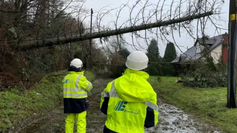 PA Media Two electricity engineers in yellow high vis jackets and trousers and white hats inspect damage caused by a falledn tree. Their backs are to the camera. The tree has fallen across a muddy road, beside a power line. There are houses and other trees in the distance.