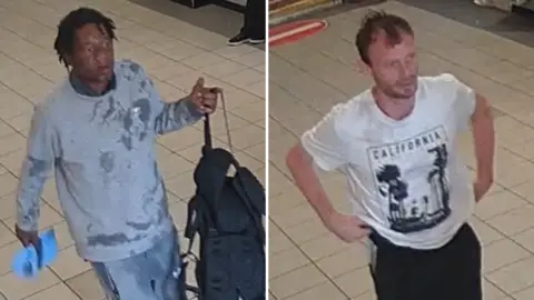CCTV images showing two people walking separately on a tiled floor. One person is carrying a backpack, while the other is wearing a white graphic T-shirt and dark trousers.

