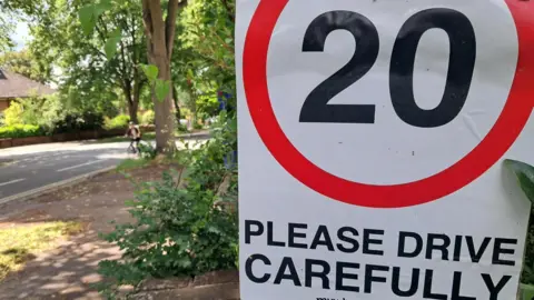 A poster with a 20mph sign and the words 'PLEASE DRIVE CAREFULLY' alongside a residential tree-lined street