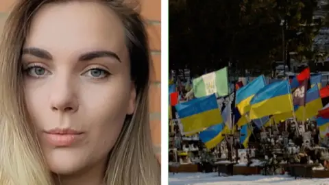 Iryna Tsybukh, a paramedic in Ukraine on the left. A graveyard full of Ukrainian flags on the right.