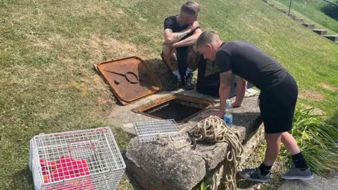 Friends of the Animals Volunteers trying to locate fox in a drain.