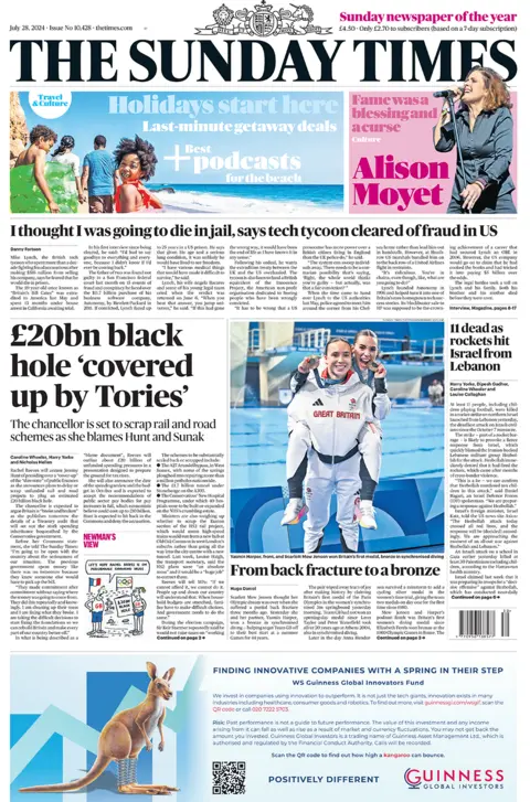 The Sunday Times headline reads: "£20bn black hole 'covered up by Tories'" 