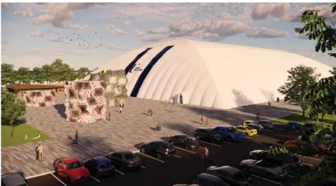 Ulster University A design drawing of the proposed air dome sports arena in Derry in which the dome is seen in the bakground and people and cars in the foregorund