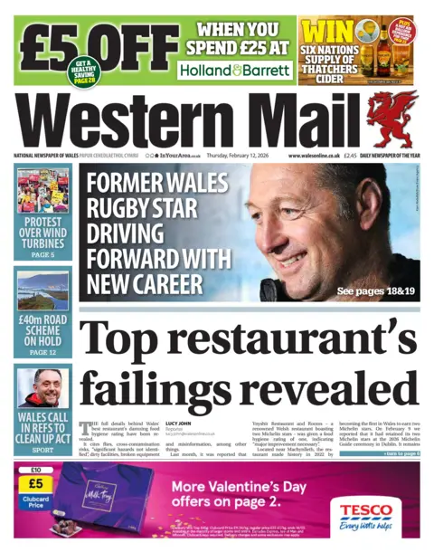 Western Mail Front page of the Western Mail. The headline reads 'top restaurant's failings revealed. Above is a photo of a man smiling with the headline "Former Wales rugby star driving forward with new career"