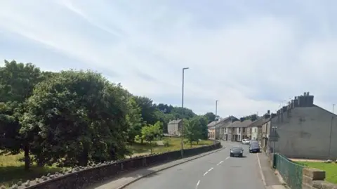 A Google Street View screenshot of the houses at Hall Park View in Workington. There is a row of terraced houses along the right hand side, with a stone wall on the left behind which are the trees and greenery of Hall Park.