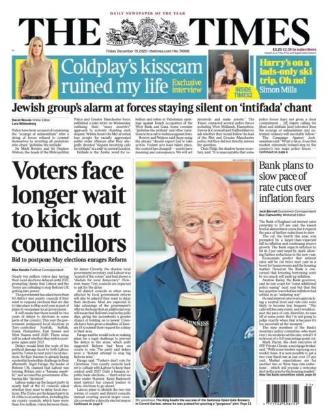The headline on the front page of the Times reads: "Voters face longer wait to kick out councillors".
