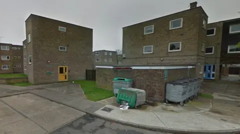 Google Blocks of pale grey brick three-storey flats, with white window frames. Industrial wheelie bins are in the foreground, with one knocked over 