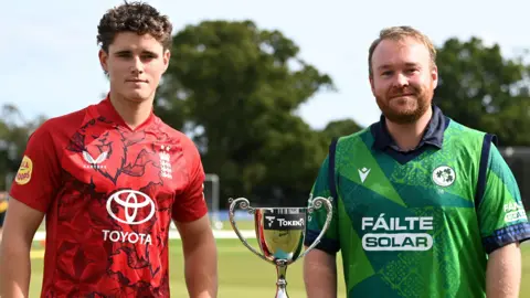 Captains Jacob Bethell and Paul Stirling stand with the trophy before England's T20 series with Ireland in September 2025