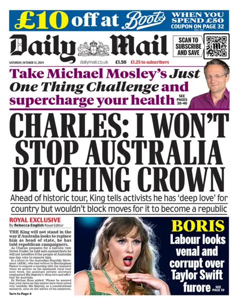 Daily Mail front page with headline: "Charles: I won't stop Australia ditching crown". 