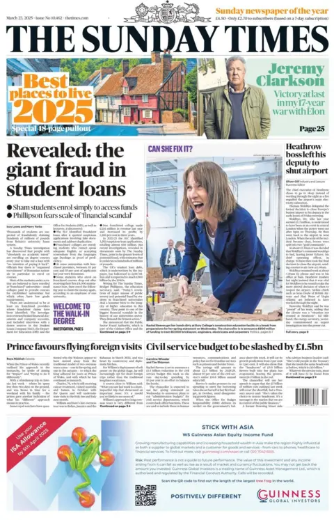 Rachel reeves is seen smiling in a blue suit, as she digs into some mud or sand at a construction education facility. Headlines beside her picture read: "Revealed: the giant fraud in student loans" and "Civil service budget to be slashed by £1.5bn"