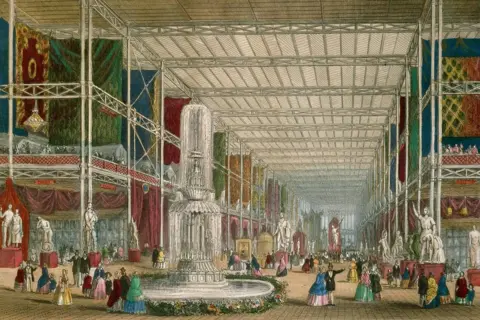 Getty Images A colour drawing of people inside the Crystal Palace beside the main fountain