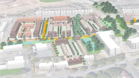 A CGI image of flats and homes.