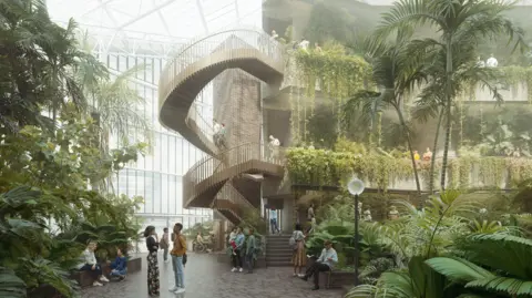 Artist impression of the new Barbican Conservatory issued by City of London Corporation, showing a modern staircase, plants and people gathered on wide paths. 
