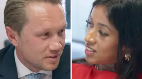 A composite image showing Apprentice candidates Dean and Anisa looking at each other