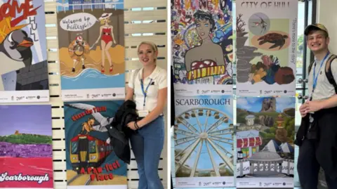 Two images of teenagers standing next to a board of colourful railway posters advertising Yorkshire seaside destinations