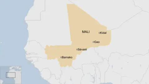 A map showing the locations of Bamako, Sevare, Kidal and Gao in Mali. 