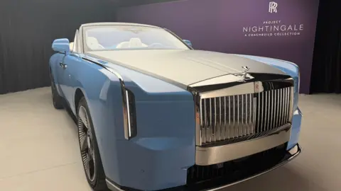 A light blue Rolls-Royce two-seat convertible inside a showroom. 