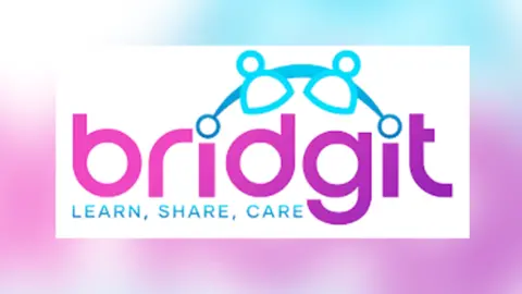 Bridgit Care Logo of Bridgit - big pink lettering and a blue surround and the words Learn, Share, Care