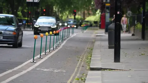 A view of the cycle lane with the new bollards in place