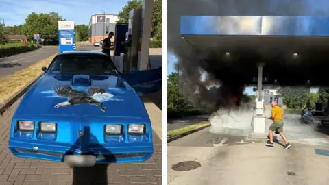 Alan Mutton Composite image. On the left is a bright blue Pontiac Firebird with an eagle painted on its bonnet. On the right is a man with a fire extinguisher running towards the Pontiac Firebird which is on fire. There is a lot of smoke.