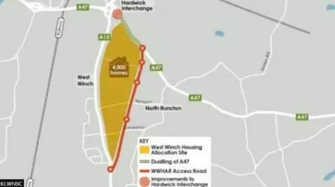 King's Lynn and West Norfolk Borough Council A graphic showing where the West Winch development would be built, with a red line highlighting how the new road would link the A47 to the A10
