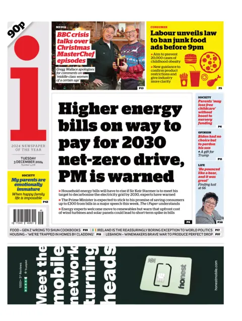 The beforehand   of the one  paper  reads 'Higher vigor  bills connected  mode   to wage  for 2030 net-zero drive, PM is warned'