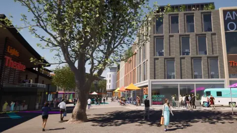 ThinkAndoverTownCentre A prototype image of the new theatre in Andover. People are walking around on a sunny day in front of the building that spells Lights Theatre in yellow and red letters. People are queuing in front of the building. On the opposite side, people are sitting at tables outside an eating place. A blue and white ice cream van is parked nearby and a group of people is standing in front of it.