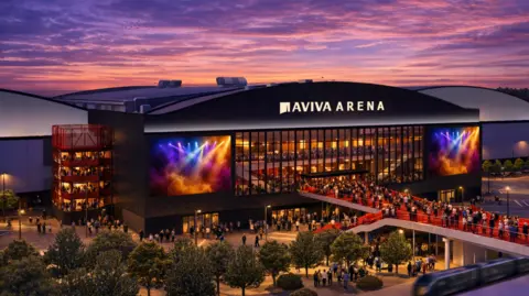 YTL An artist impression of the Aviva Arena in Bristol. It has a glass facade with two large screens either side of the front entrance.