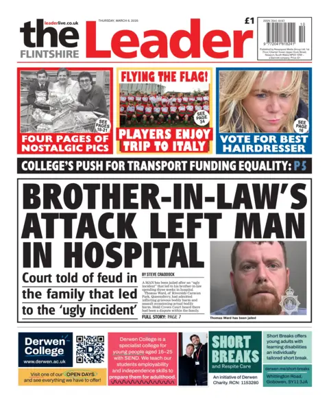 Flintshire Leader The front page of the Flintshire Leader had a lead story with the headline Brother in laws attack left man in hospital and the sub headline court told of feud in the family that led to the ugly incident beside a police photo of a man with short hair and a red beard.