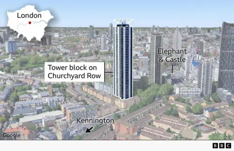 An annotated image from Google Earth of the tower block on Churchyard Row, showing the 45-floor building high above the surrounding low residential buildings. The Elephant and Castle junction is labelled to the north east of the tower block and a label shows Kennington is to the south west of the tower block. A small inset map of London shows the location of the area in the centre of the city, just south of the River Thames.