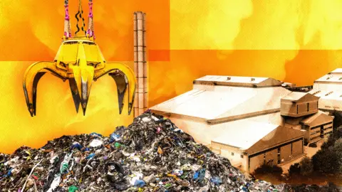 BBC / Getty Images A composite representation  showing a mechanical claw hovering supra  a heap  of rubbish and a discarded  incinerator plant, each  connected  a inheritance  suggesting yellowish  flames.