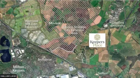 Hallam Land A map showing the eastern edge of Milton Keynes, the M1 motorway, and an area crossed with red lines showing the Eastern Strategic City Extension Area and Keepers Place, to the north west of Salford village and south of Cranfield University.