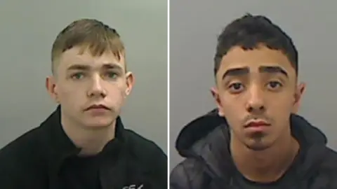 Cleveland Police Mugshots of Leon Keenan (left) and Kaya Azhar (right). Keenan has short brown hair and is wearing a black jacket. Azhar has dark hair and a patchy facial hair. He is wearing a black coat with a hood.