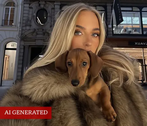 @zoeilanahill A woman with blond hair holding a Dachshund dog - the dog is AI generated.