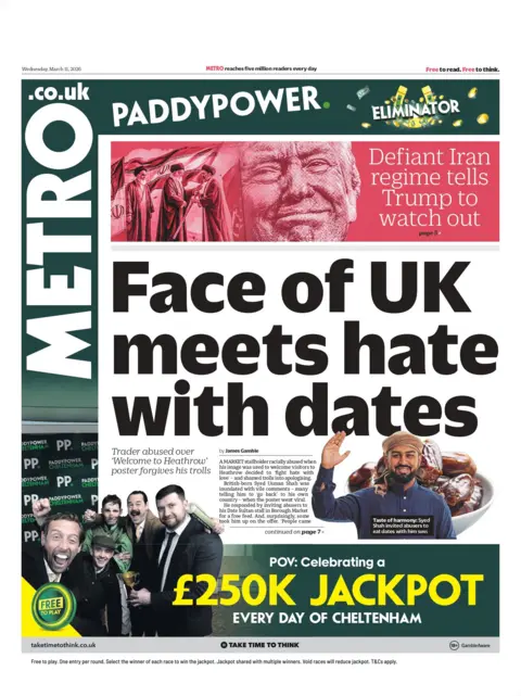 "Face of UK meets hate with dates," reads the headline on the front page of the Metro.