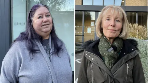 Julie Arncott (left) and Elaine Whittaker pose outside a building in separate photographs. 